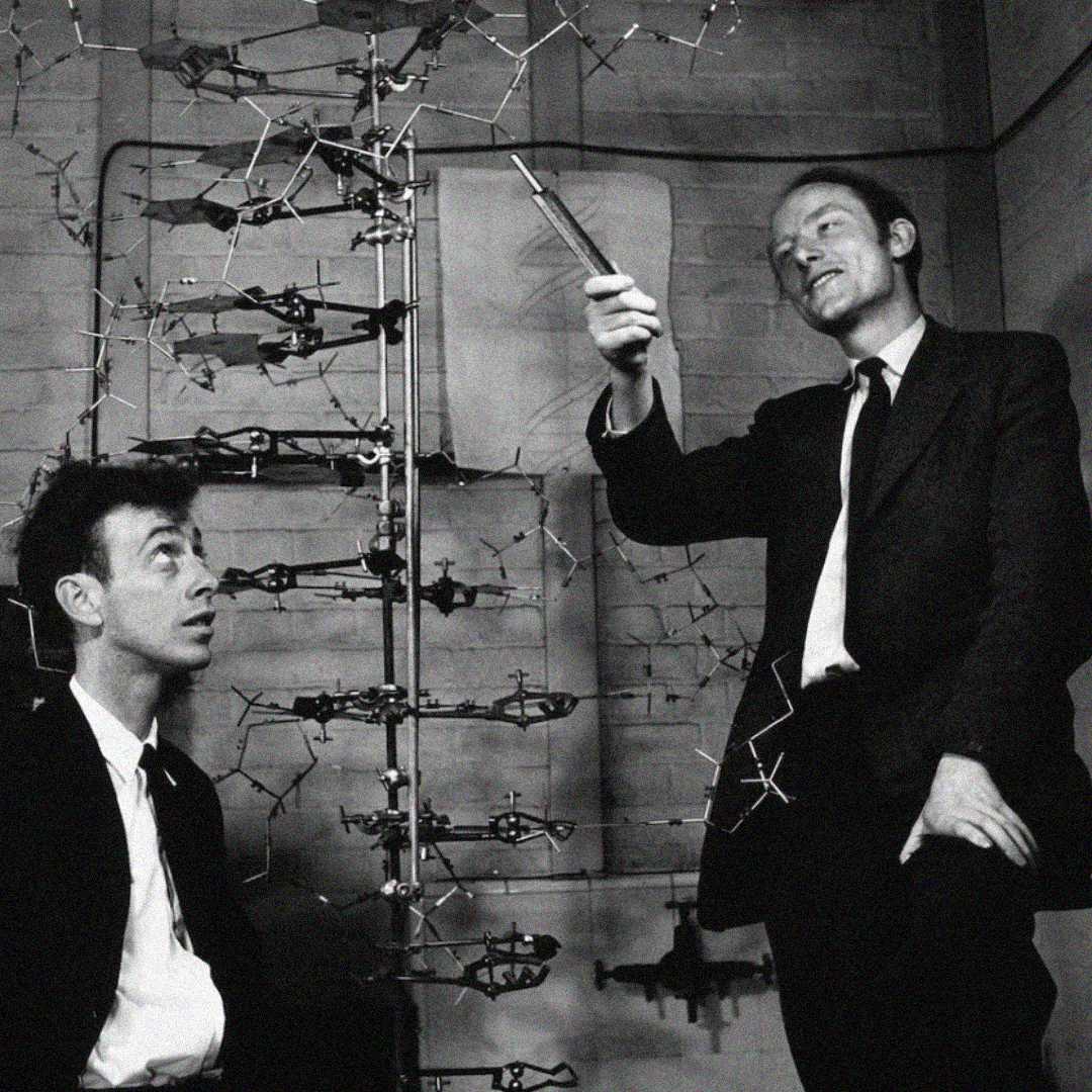 Two men in suits discuss a large DNA double helix model made of wires and rods; one is seated looking up, the other is standing and gesturing with a pointer. The background shows a brick wall and scientific equipment.