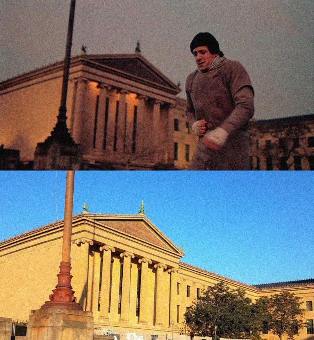 Two images of the Philadelphia Museum of Art: the top shows a person in workout clothes running in front of the building at dusk, while the bottom shows the building in daylight with a clear blue sky.