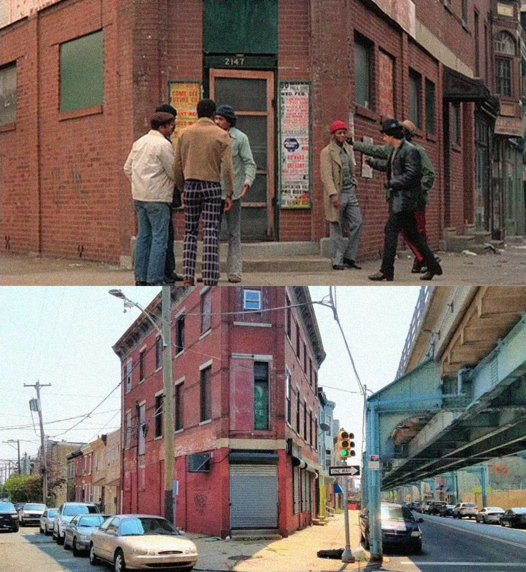 Two images of the same street corner decades apart: the top shows a group of men talking in front of a brick building, while the bottom shows the same building, now older and empty, by a street with parked cars and an elevated train track.