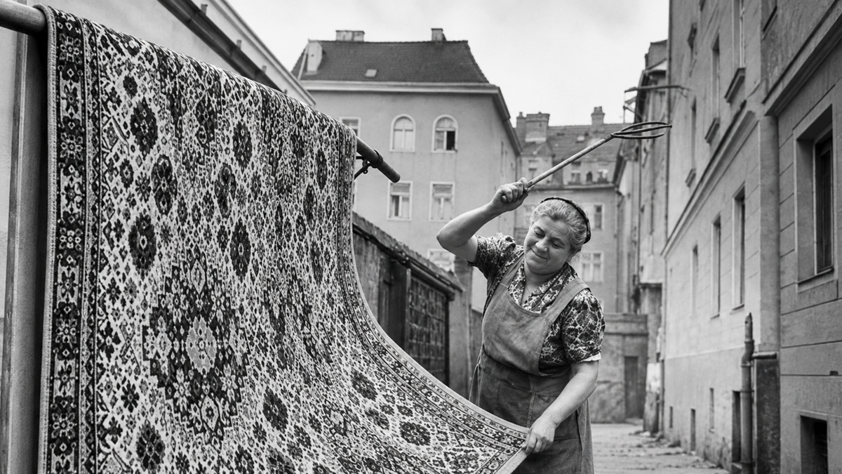 An elderly woman in an apron beats a patterned rug with a carpet beater outdoors in a narrow alley between old apartment buildings. The photo is in black and white.