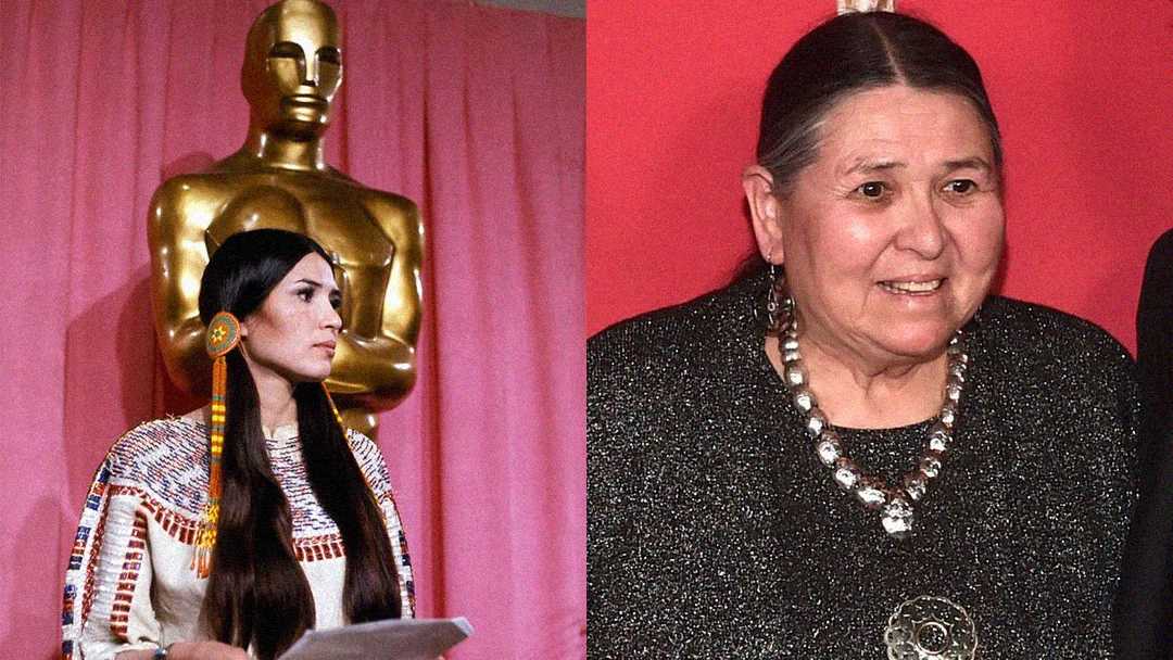 A split image: on the left, a woman in traditional Native American attire stands in front of an Oscar statue; on the right, the same woman older, with gray hair, wearing a black top and necklace, smiles against a red background.