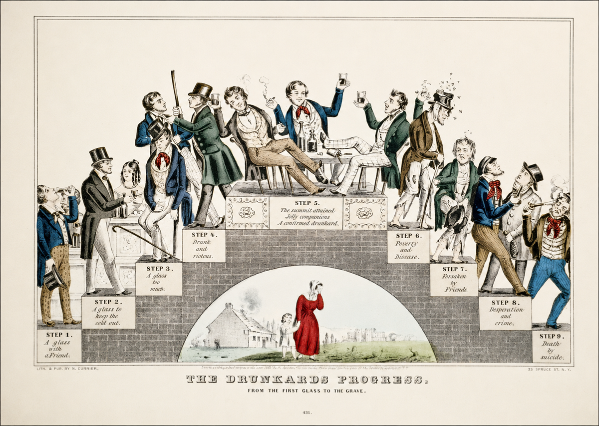 A vintage illustration titled “The Drunkard’s Progress” shows nine steps of a man’s descent from casual drinking with friends to begging and despair, with each stage labeled and the man’s appearance worsening at each step.