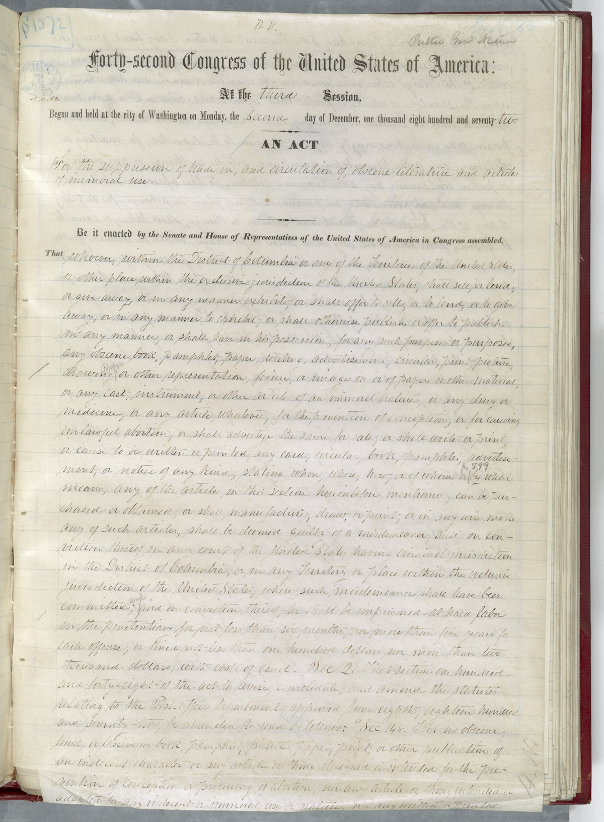 A handwritten page from the U.S. Congress titled “An Act,” with ornate script at the top, legislative text below, and signatures at the bottom. The document is aged and written in cursive on lined paper.