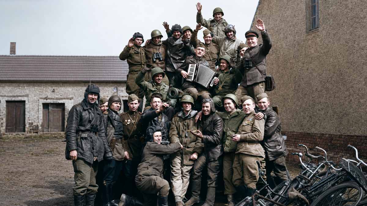 A group of soldiers in uniform, some with helmets, pose cheerfully together outdoors between two buildings. One soldier plays an accordion, while others smile, wave, or put arms around each other. Several bicycles are seen in the foreground.
