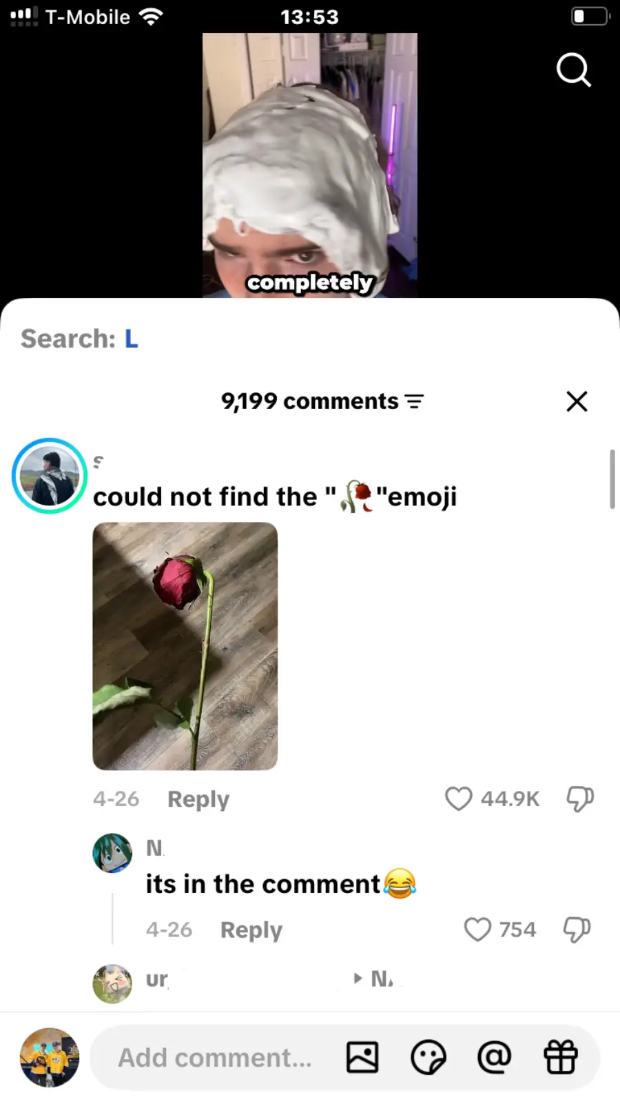 A social media comment section shows a user asking for the "wilted rose" emoji, attaching a photo of a real wilted red rose on a wooden surface. Another user replies, "its in the comment," with a laughing emoji.