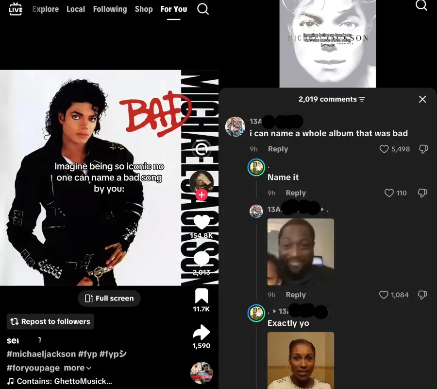 A split image: on the left, Michael Jackson in a black outfit poses with "BAD" written in red and a caption reads, "Imagine being so iconic no one can name a bad song by you"; on the right, a social media thread jokes about naming a "bad" album.