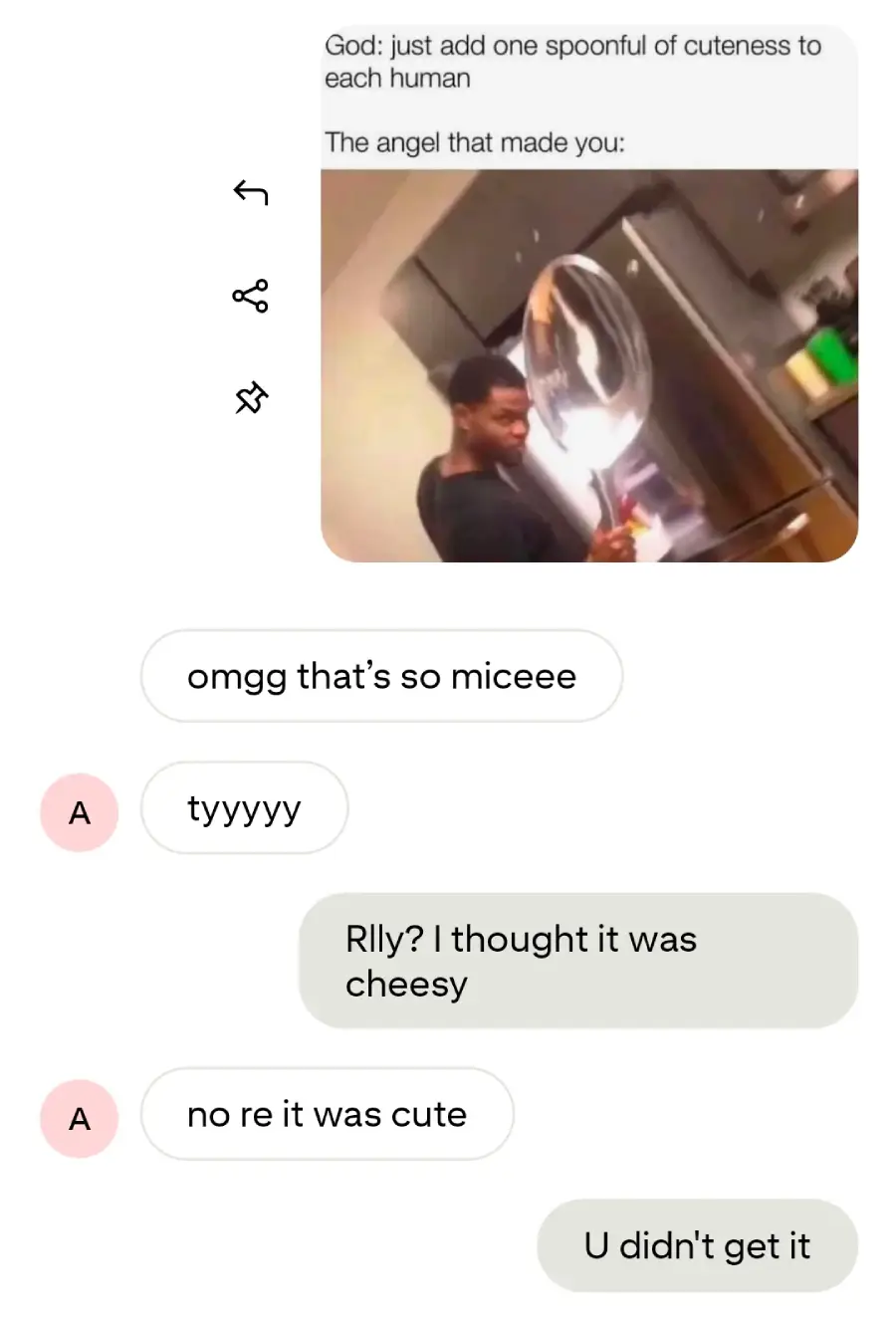 A meme shows a man holding a giant spoon, captioned "God: just add one spoonful of cuteness to each human. The angel that made you:" Below, chat messages discuss the meme, calling it cute and cheesy.
