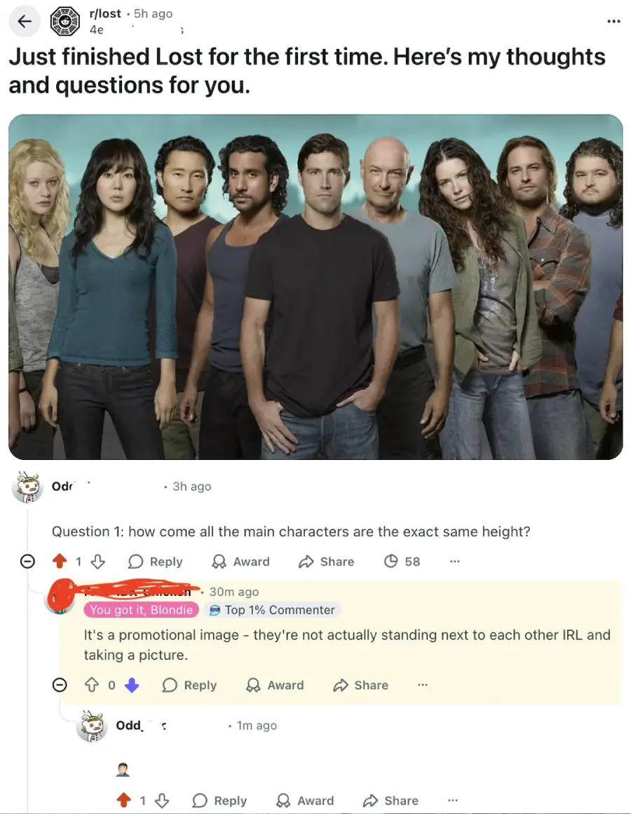 A Reddit post features a promotional image of the main Lost cast standing in a row. A user asks why all the characters are the same height; another replies that it’s a promo image and not an actual group photo.