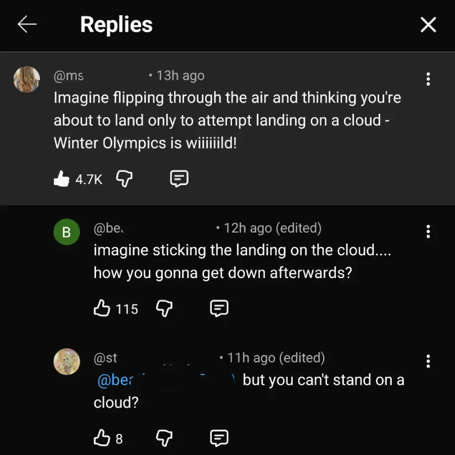 A YouTube comment thread jokes about landing on a cloud in the Winter Olympics. One user mentions landing on a cloud, another asks how you’d get down, and a third points out you can’t stand on a cloud.
