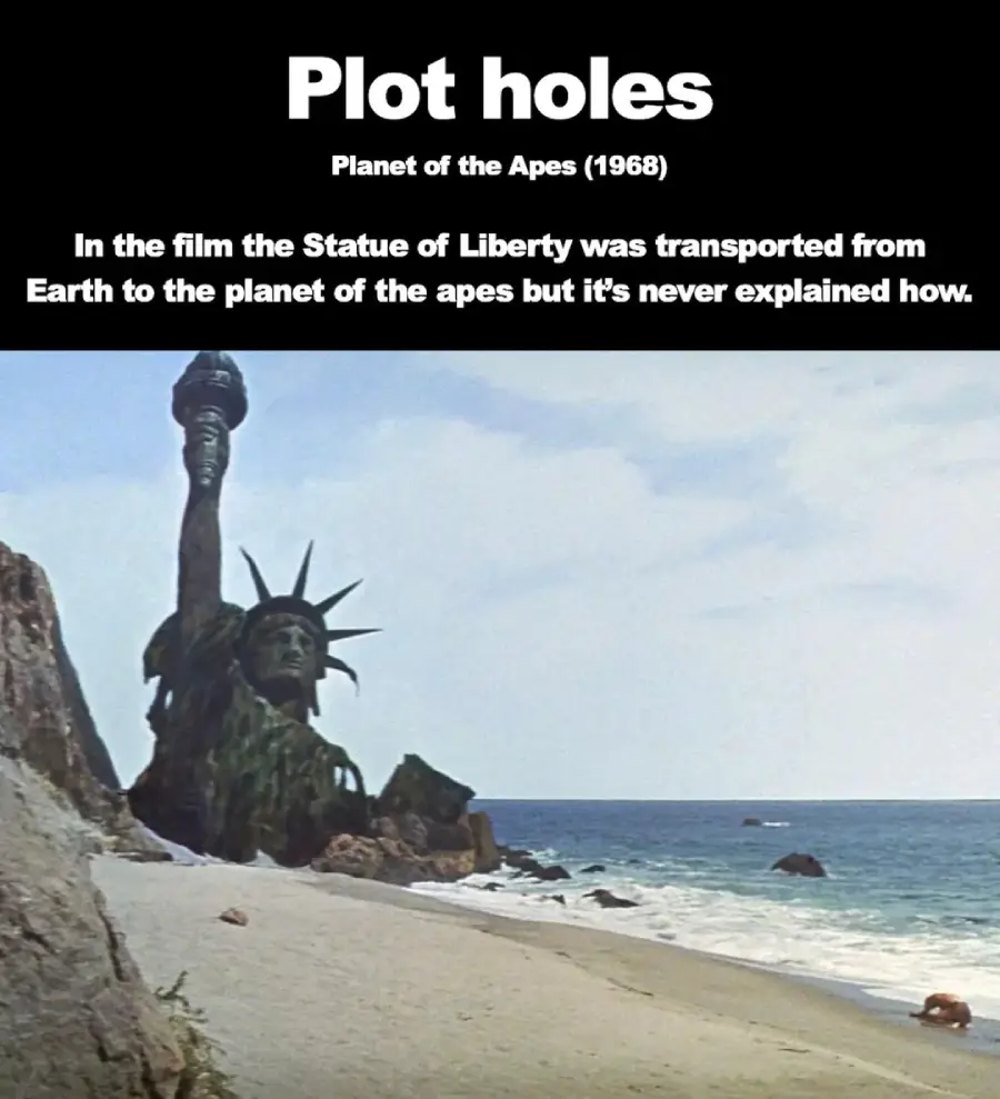 The ruined Statue of Liberty stands partly buried on a deserted beach, with the sea nearby. Text above discusses a plot hole in "Planet of the Apes" (1968) about the statue’s unexplained presence on another planet.