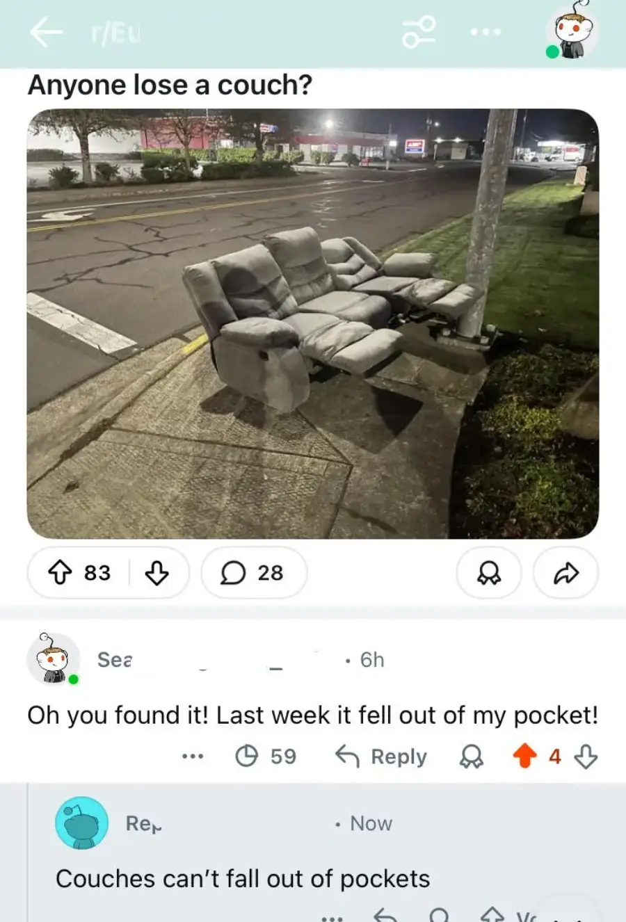 A sectional couch sits abandoned on a sidewalk next to a street at night, with a grassy area and streetlights nearby. The image is part of a humorous social media post and comments.