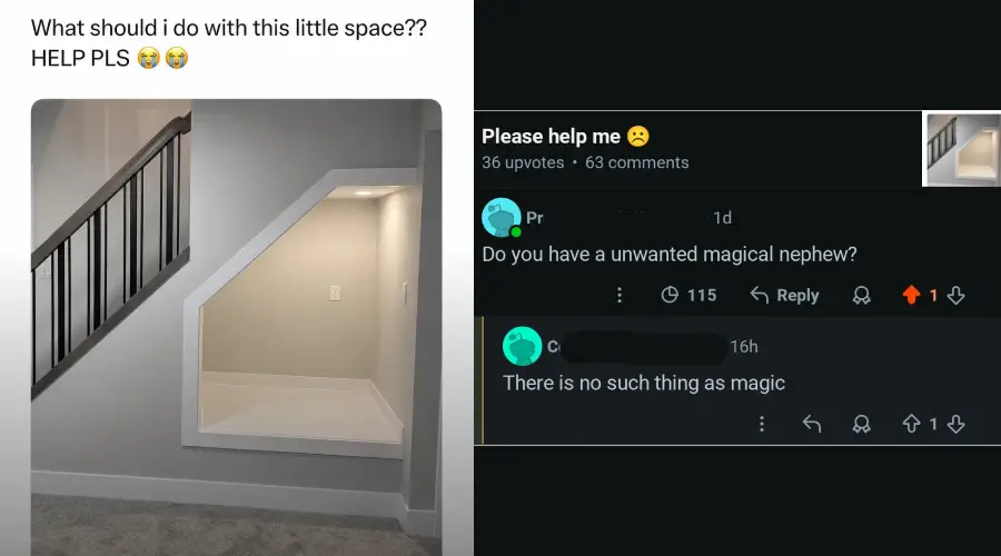 A photo shows a small empty nook under a staircase. A social media post asks what to do with the space. Below, comments joke about hiding a "magical nephew," referencing Harry Potter.