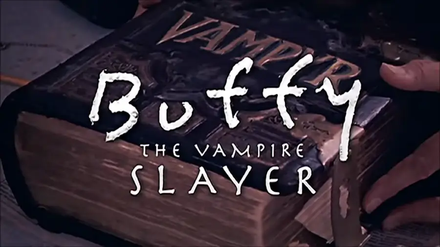 A large, old book with the word "Vampyr" on the cover is shown with the title "Buffy the Vampire Slayer" written in bold, white text over it.