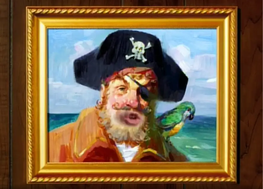 A framed painting of a pirate with a black hat featuring a skull and crossbones, an eye patch, a curly beard, and a green parrot on his shoulder, set against an ocean backdrop.