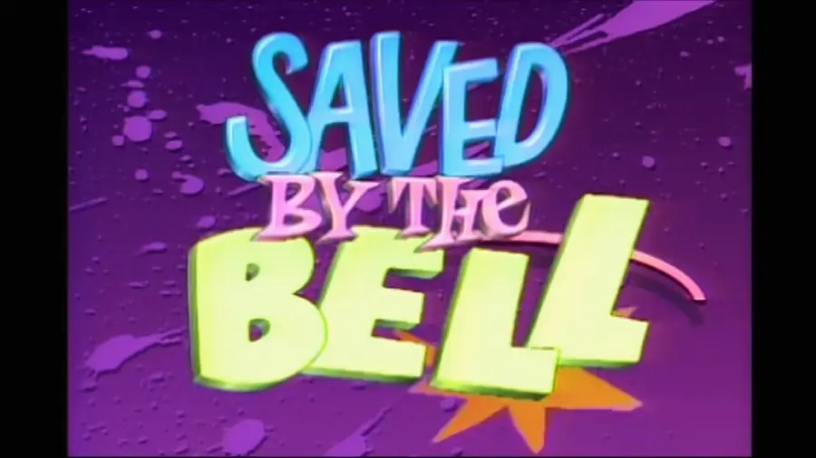 Colorful "Saved by the Bell" logo on a purple, speckled background with bold, stylized letters in blue, pink, and yellow.