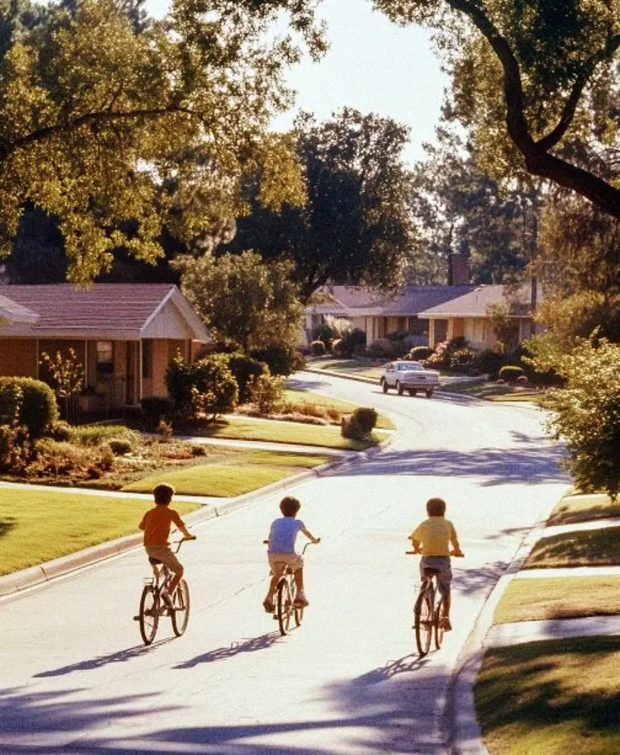 Three children ride bicycles down a sunlit, tree-lined suburban street with single-story houses and well-kept lawns. A car is parked further down the road. The scene looks peaceful and warm.