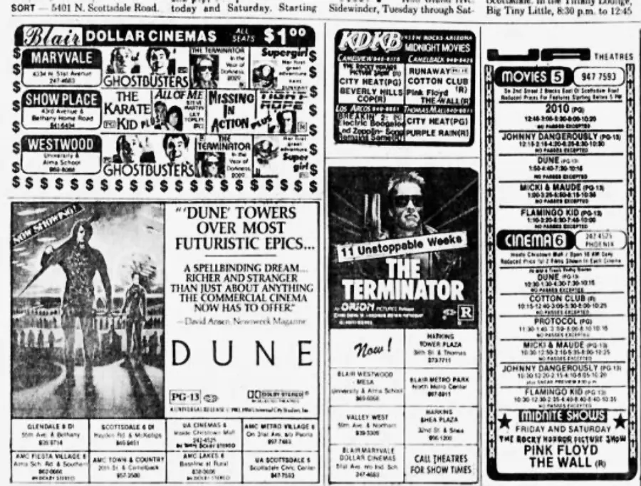 A black-and-white newspaper page features movie listings, showtimes, and ads for films like "Dune," "The Terminator," "Ghostbusters," and "The Karate Kid," with various cinema names, locations, and times.