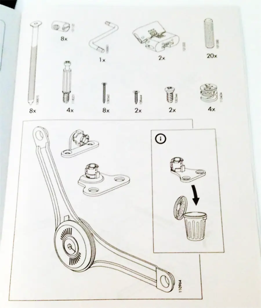 Instruction manual page showing a list of hardware and tools, parts diagrams, and an illustration indicating a part should be discarded in a trash bin.