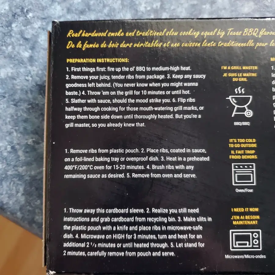 Instructions and tips for cooking ribs are printed on a food packaging box, including BBQ grilling and oven methods, along with recycling advice and images of an oven and microwave.