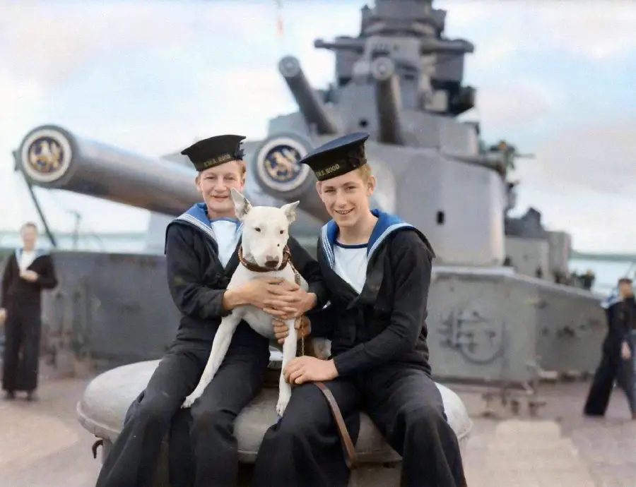 Two sailors in navy uniforms sit on a ship with a white dog between them. They are smiling, and the ship's large gun turret is visible in the background. Other sailors can be seen on the deck.