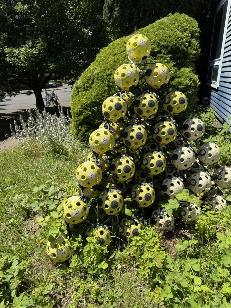 A pyramid-shaped sculpture made of stacked yellow and black wiffle balls sits on grass next to a bush and a blue house.