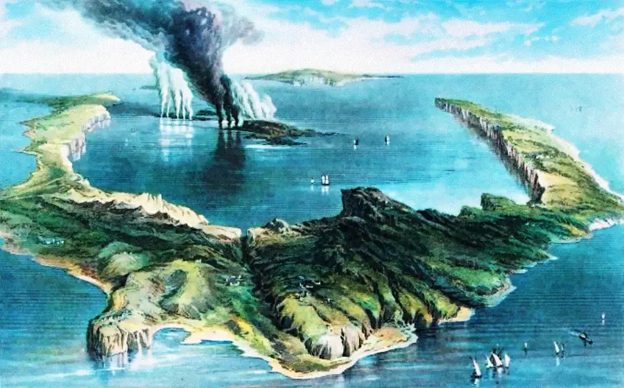 Illustration of a large, green volcanic island with a wide bay, steep cliffs, billowing black smoke from eruptions, and small sailboats in the surrounding blue ocean under a bright sky.