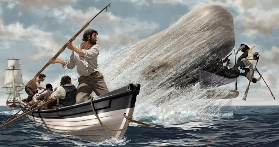 Illustration of sailors in a small boat battling a massive white whale in rough seas; one sailor holds a harpoon while the whale splashes water and wrecks another boat nearby. A sailing ship is visible in the background.