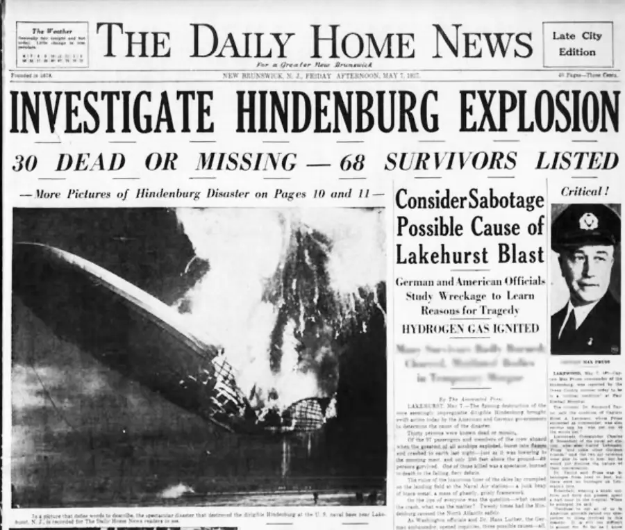 Front page of The Daily Home News with the headline "INVESTIGATE HINDENBURG EXPLOSION," featuring a large photo of the burning Hindenburg airship and articles about the disaster, casualties, and possible sabotage.
