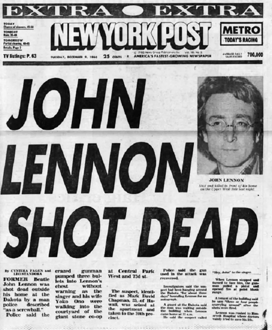 New York Post newspaper headline reads "JOHN LENNON SHOT DEAD". A photo shows John Lennon wearing glasses.