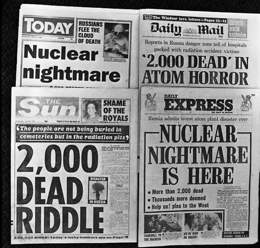 Black-and-white photo showing British newspaper headlines about a nuclear disaster in Russia, with phrases like “Nuclear nightmare,” “2,000 Dead,” and “The people are not being buried in cemeteries.”