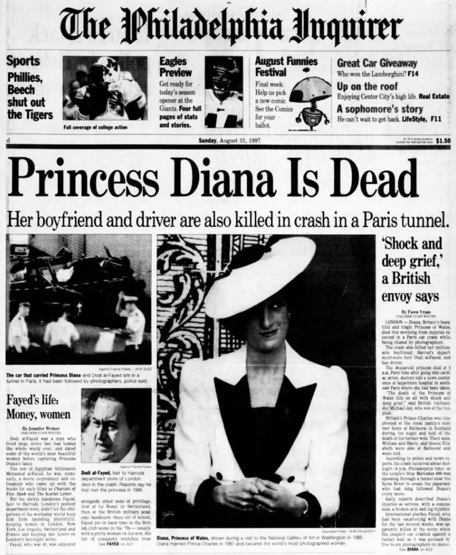 Front page of The Philadelphia Inquirer from August 31, 1997, with the headline "Princess Diana Is Dead," featuring a large photo of Princess Diana in a white outfit and hat, and articles about her fatal car crash in Paris.