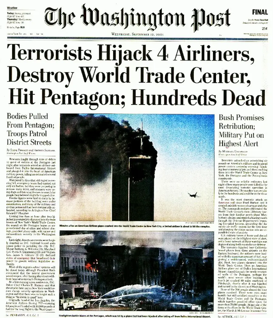 Front page of The Washington Post from September 12, 2001, with headline on 9/11 attacks, featuring two images: smoke billowing from the World Trade Center and wreckage at the Pentagon.