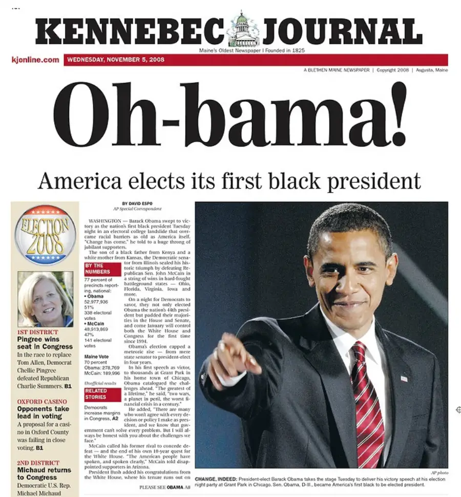 Front page of the Kennebec Journal, headline reads "Oh-bama! America elects its first black president," with a large photo of Barack Obama waving and smiling, dressed in a suit and tie.