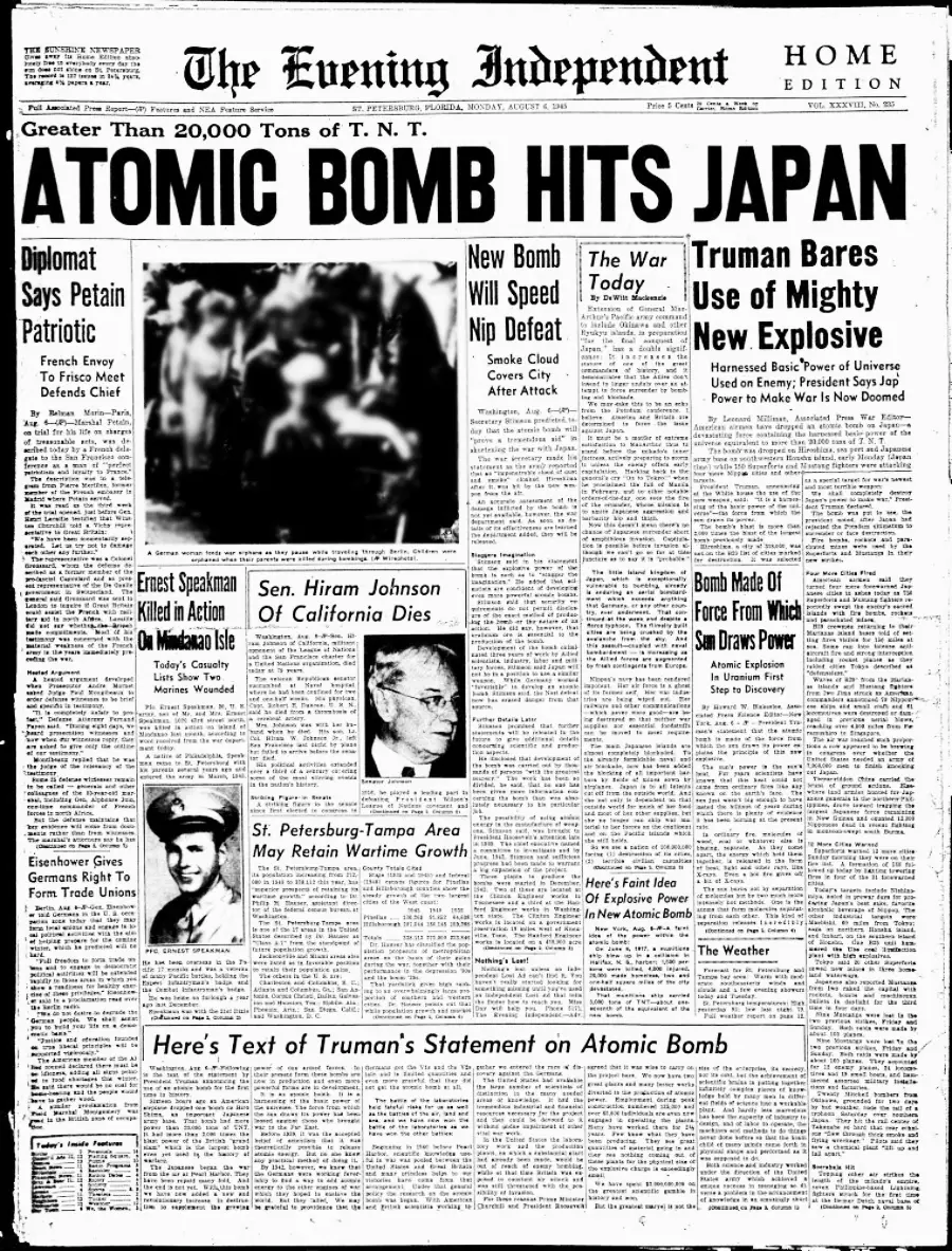 Front page of The Evening Independent newspaper with bold headline "ATOMIC BOMB HITS JAPAN." Other headlines discuss Truman's statement, military updates, and related world news from August 1945.