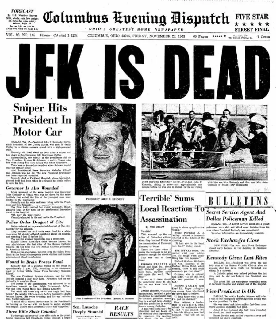 Front page of the Columbus Evening Dispatch newspaper with the bold headline "JFK IS DEAD," reporting the assassination of President John F. Kennedy, featuring photos of Kennedy and headlines about the tragic event.