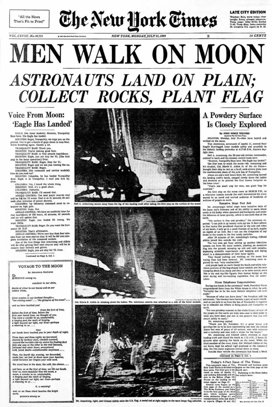 Front page of The New York Times from July 21, 1969, with the headline "MEN WALK ON MOON" and photos of astronauts on the lunar surface during the Apollo 11 mission, highlighting the moon landing.