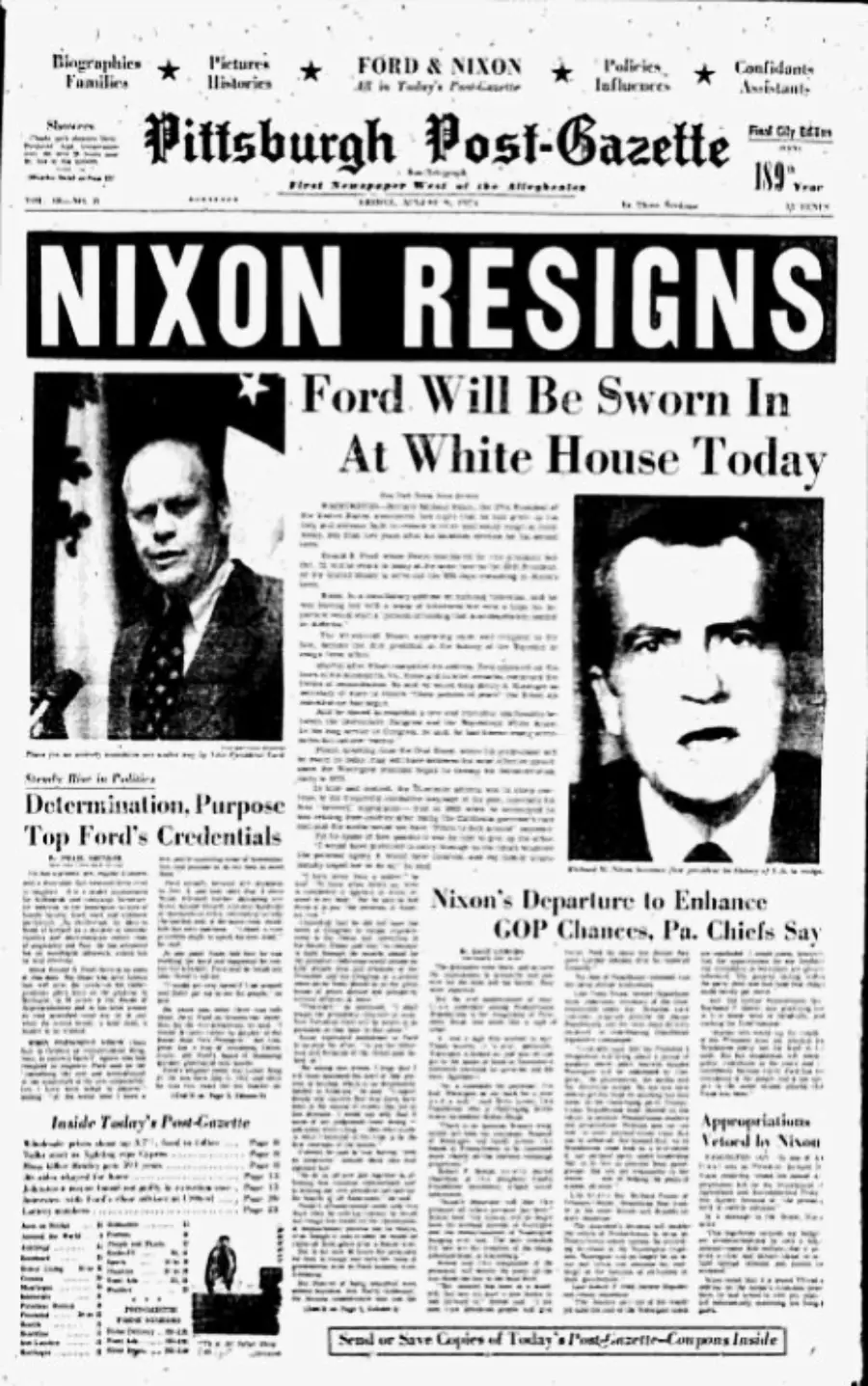 Front page of the Pittsburgh Post-Gazette newspaper with the headline "NIXON RESIGNS." Subheadline: "Ford Will Be Sworn In At White House Today," with photos of Gerald Ford and Richard Nixon.