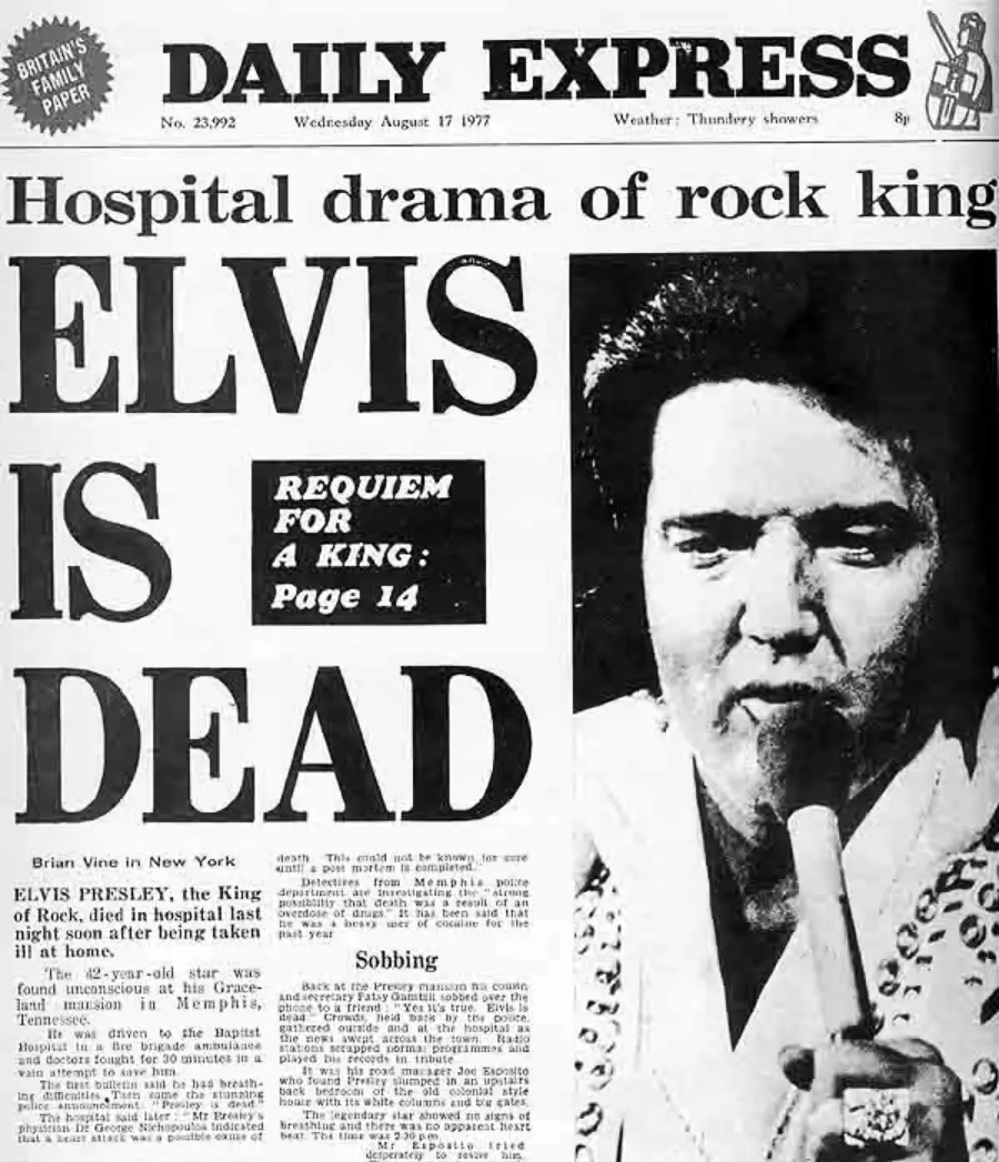 Front page of the Daily Express newspaper from August 17, 1977, with a large headline reading "ELVIS IS DEAD" and a black-and-white photo of Elvis Presley holding a microphone.