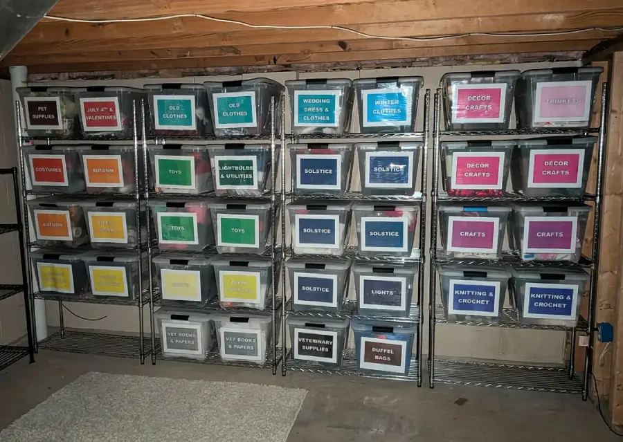 Plastic storage bins with colorful labels are neatly organized on metal shelves in a basement. The labels include categories like pet supplies, old clothes, crafts, winter hats, and toys. Exposed ceiling beams are visible above.