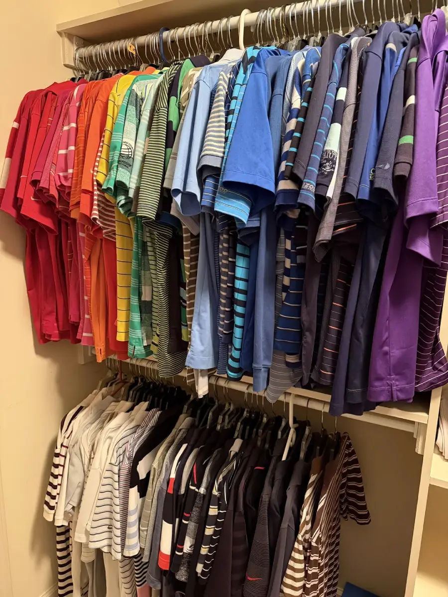 A neatly organized closet shows shirts hung in color order: reds, oranges, yellows, greens, blues, and purples on the top rod, and black, white, and dark striped shirts on the lower rod.
