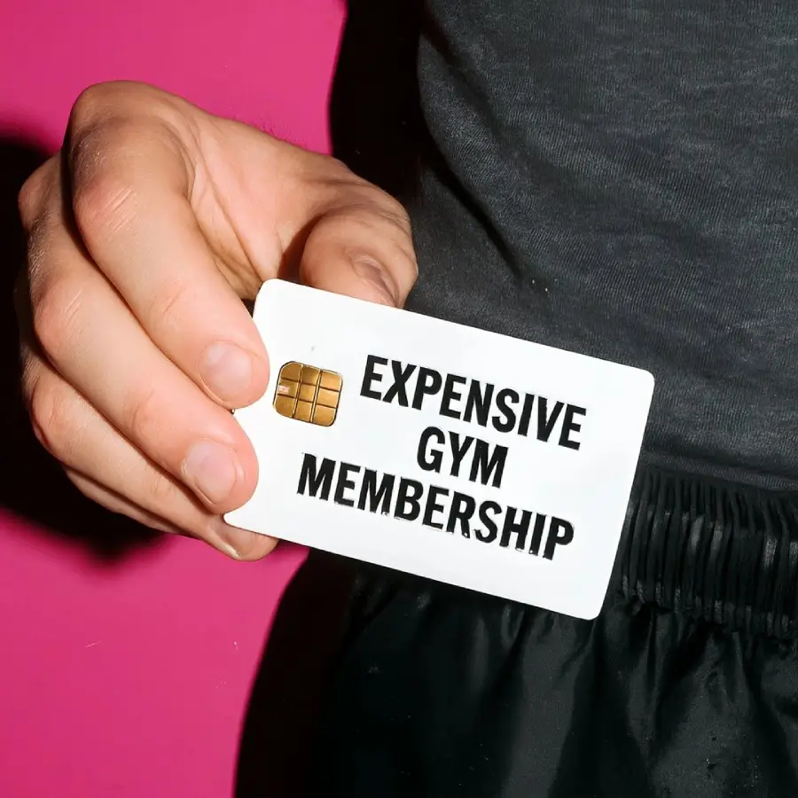 A person holds a white card with a chip, labeled "EXPENSIVE GYM MEMBERSHIP," against a pink background. The person is wearing a dark shirt and black pants.