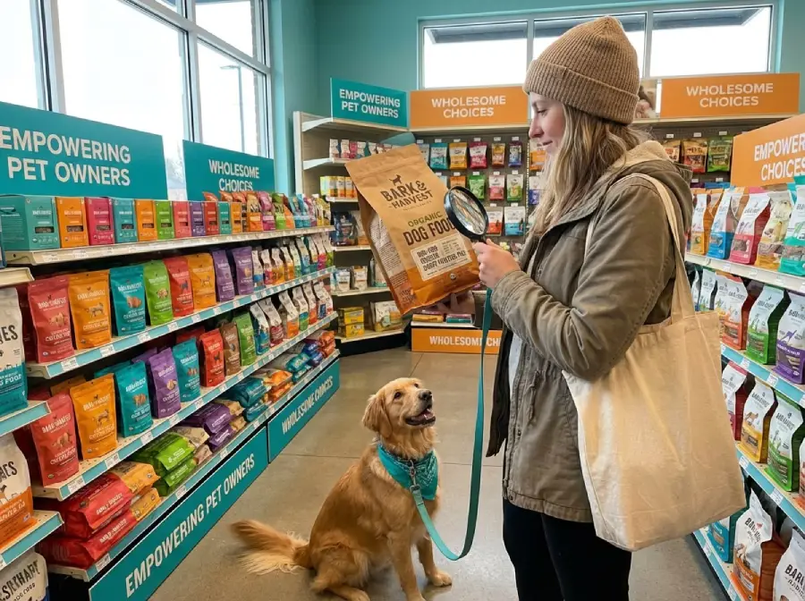A woman in a beanie and tote bag reads a bag of dog food in a pet store aisle, while a golden retriever wearing a blue bandana sits beside her, looking up. Shelves are stocked with colorful pet food bags.
