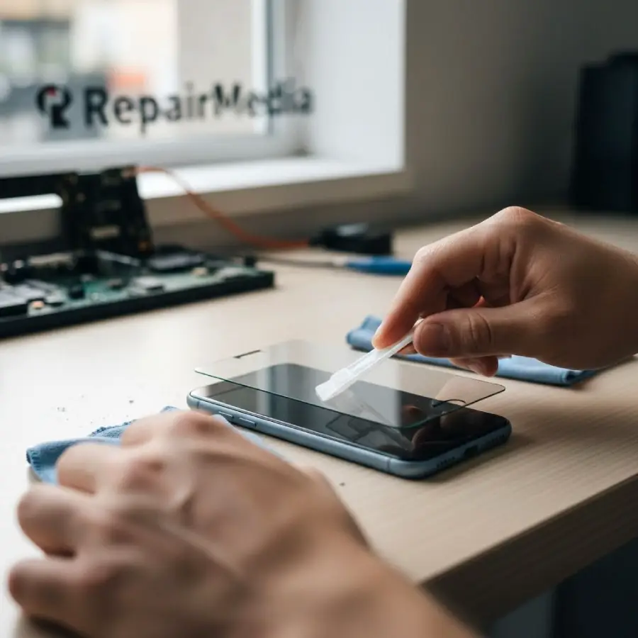 A person applies a screen protector to a smartphone on a desk, with repair tools and an open device in the background near a window displaying the "RepairMedia" logo.