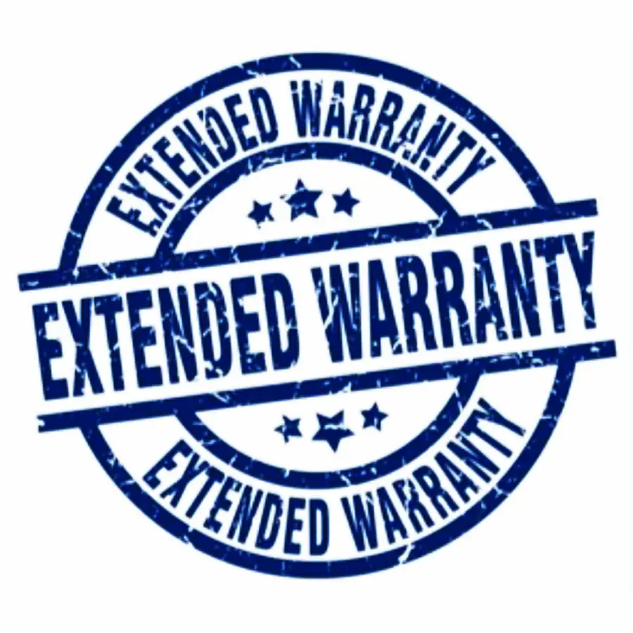 A blue, circular, rubber-stamp-style graphic with the words "EXTENDED WARRANTY" written in bold capital letters across the center and around the border, surrounded by stars.