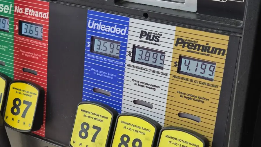 Close-up of a gas pump showing three fuel options: Unleaded at $3.59, Plus at $3.89, and Premium at $4.19 per gallon. Octane ratings are 87 for Unleaded and Plus, 91 for Premium.