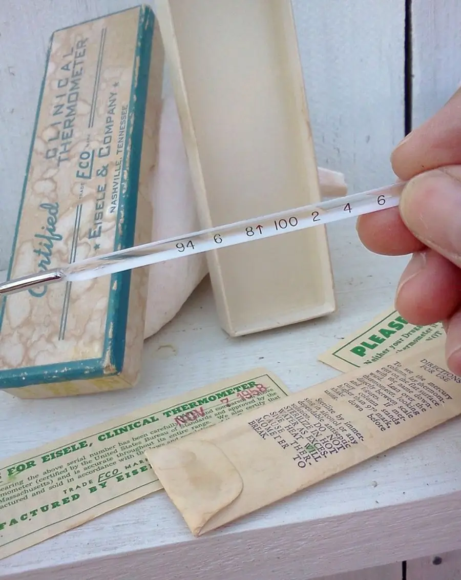 A hand holds a glass clinical thermometer reading around 97°F. Nearby are its open cardboard box, a white case, and an instruction leaflet on a white surface. The box is labeled for Eisele Clinical Thermometers.
