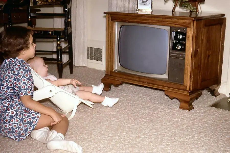 A young child and a baby in a bouncer sit on a carpeted floor watching an old-fashioned wooden television set in a living room. The TV screen is blank, and the room has light-colored walls and furniture.