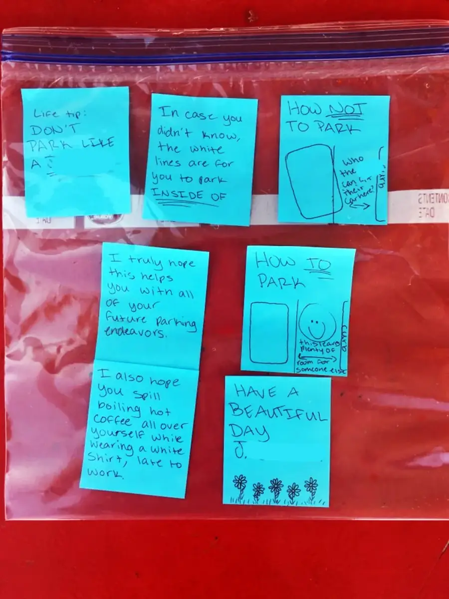 A clear ziplock bag contains six blue sticky notes with sarcastic messages and diagrams about parking improperly, offering snarky tips and mock encouragement, written in blue ink.