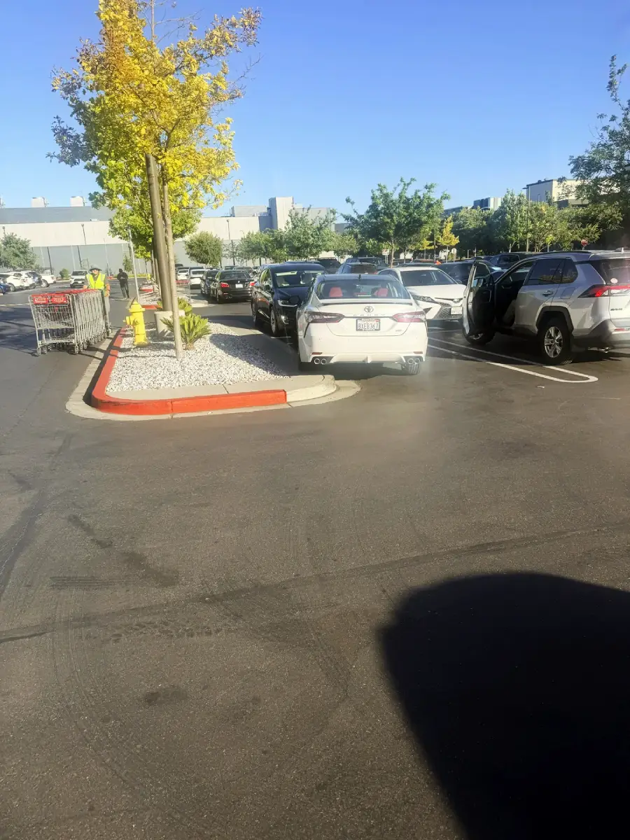 A white car is parked over the curb and landscaping in a parking lot, near a row of shopping carts and other parked vehicles on a sunny day. A person is visible near the carts.