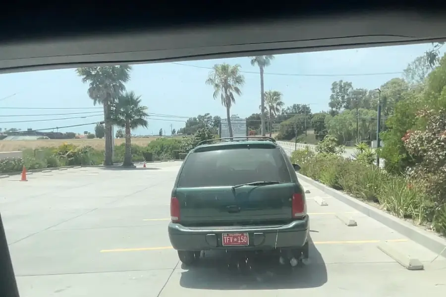 A green SUV is parked in an almost empty parking lot on a sunny day, with palm trees, bushes, and a clear sky in the background.